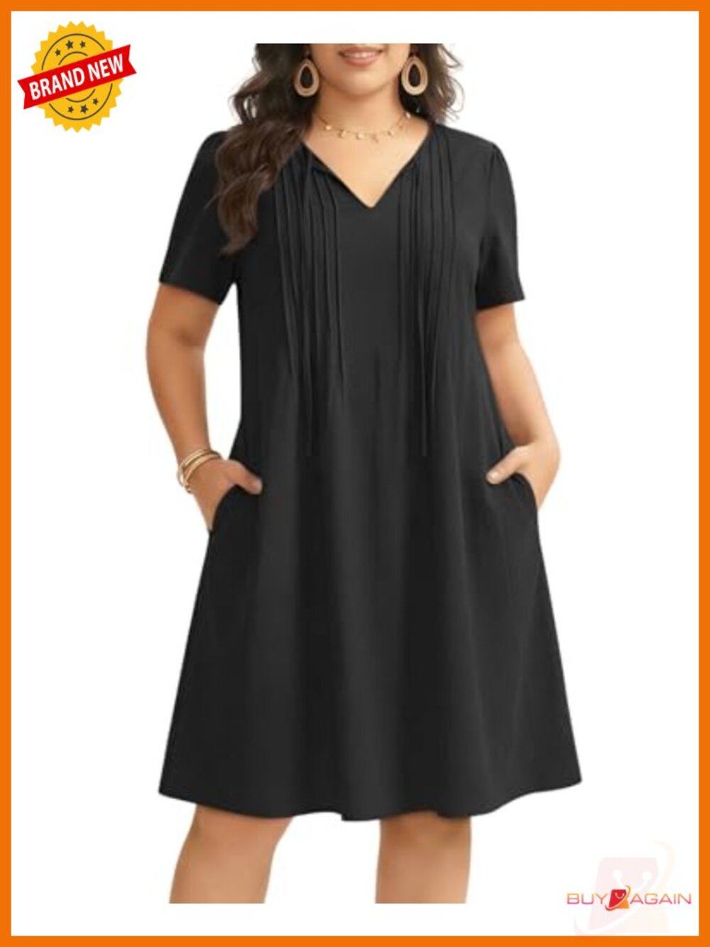 Plus Size Casual Work Midi Dress Short Sleeve V Neck Pleat 2 Pockets